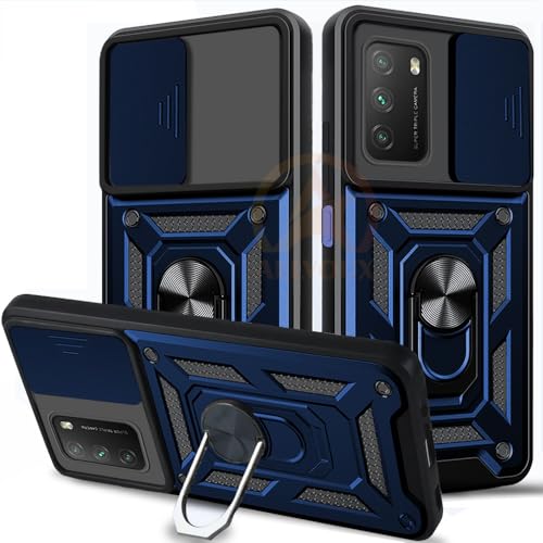 Image of Armor Bumper Back Cover Case for Poco M3 / Redmi 9 Power Rotating Camera Cover, Ring Holder & Kickstand | Heavy Duty & 360 Degree Protection Poco M3 / Redmi 9 Power Back Cover (Blue)