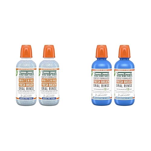 TheraBreath Whitening Mouthwash, Dazzling Mint, Dentist Formulated, 16 Fl Oz (2-Pack) & Fresh Breath Mouthwash, ICY Mint Flavor, Alcohol-Free, 16 Fl