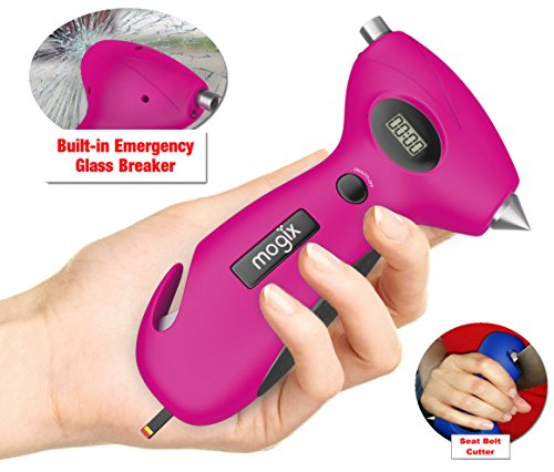 Mogix Tire Pressure Gauge with Window Breaker, Seatbelt Cutter, Tire Tread & Flashlight (Pink)
