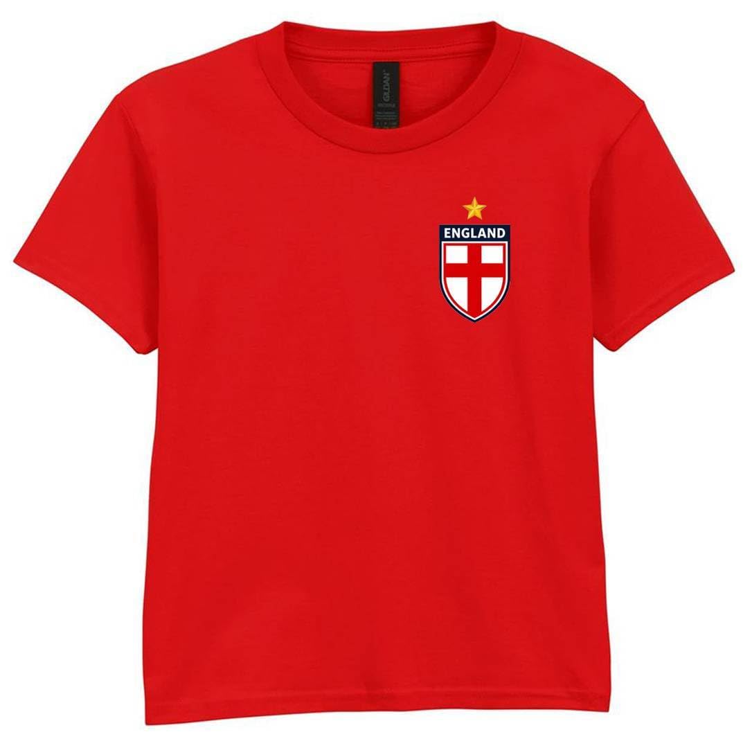 Kids England T-Shirt Red - Medium - England Flag Badge Boys Girls Football Supporter Top - Euros Football Tournament 2026 Tee, Soft Cotton Children Ages 5 to 13