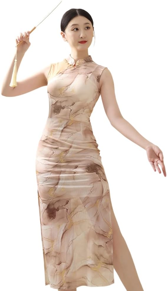 ROYAL SMEELA Women's Qipao High Slit Dress Sleeveless Printed Mesh Cheongsam Mandarin Collar for Party Event Daily Wear