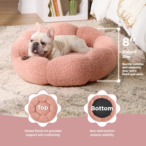 lesure calming medium dog bed - flower donut round fluffy puppy bed in plush teddy sherpa non-slip cute flower cat beds for indoor cats medium pet bed fits up to 45 lbs machine washable pink 3034