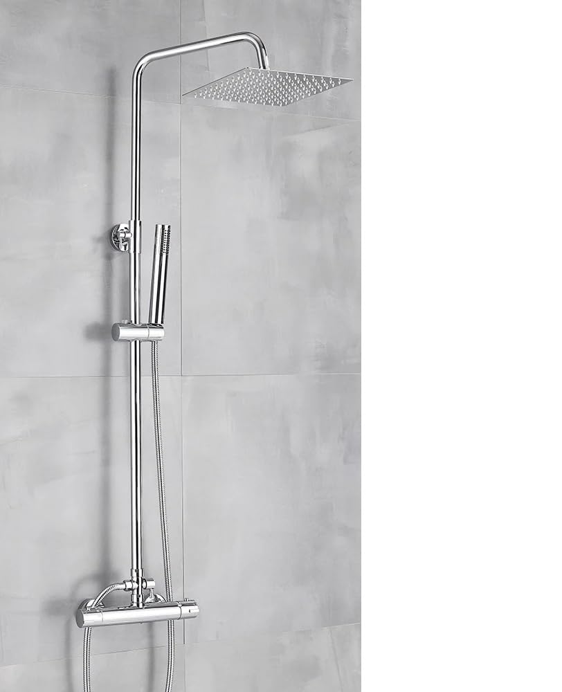 Colonne de douche thermostatique noir mat avec mitigeur double poignée et tête de pluie 8 pouces
