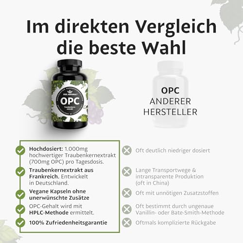 OPC Traubenkernextrakt – 240 Kapseln mit 1000mg OPC Extrakt – Höchster OPC Gehalt nach HPLC – aus französischen Weintrauben – Vegan, hochdosiert, in Deutschland produziert