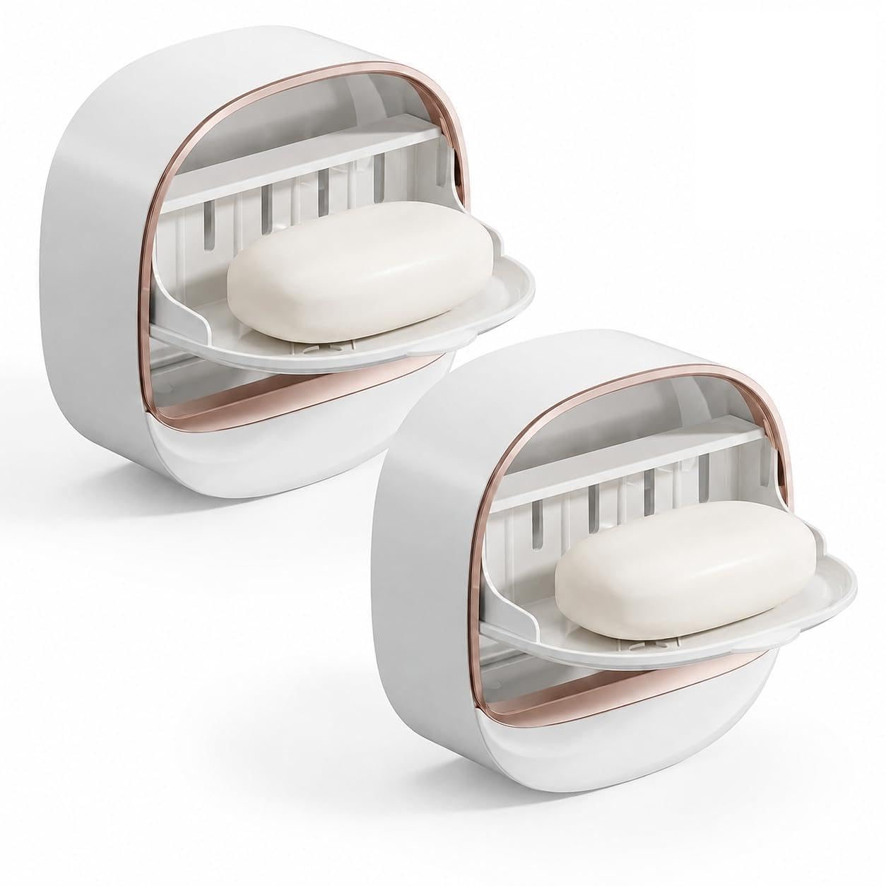 Wall Mounted Soap Holder with Lid | Self Draining Soap Case (Pack of 2) | No Drill Self Adhesive Soap Dish for Bathroom, Kitchen & Wash Basin | Waterproof Soap Storage Box with Drain Tray-image-7