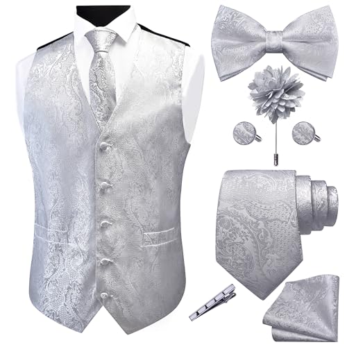GUSLESON Mens Silver Vest Tie and Bow Tie Set Formal Waistcoat Paisley Floral Jacquard Necktie Pocket Square Suit Vests Lapel Pin Wedding Party (0815-08-L)