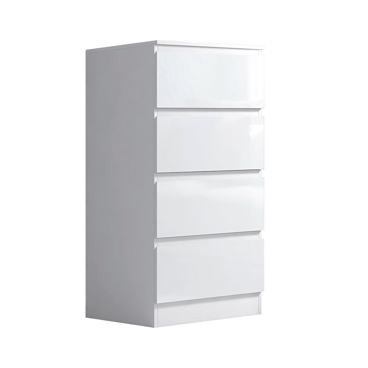 FWStyle White High Gloss 4 Drawer Chest Bedroom Furniture Matt White Frame H99 x W40 x D40cm
