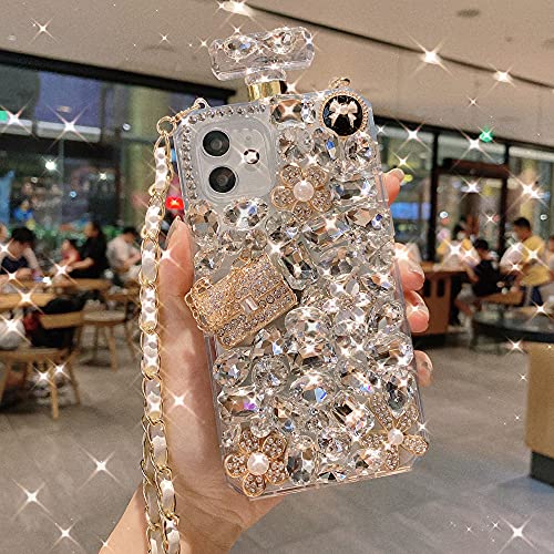 Victorlan for iPhone 11 6.1 inch Bling Glitter Case, Women 3D Luxury Sparkle Diamond Rhinestone, Shiny Perfume Bottle Style Handmade Clear ver Case for iPhone 11 6.1 with Lanyard (Flower)