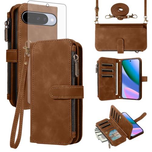 Étui housse Pixel 9 Pro en cuir PU marron chic avec protection d'écran en verre et chaine
