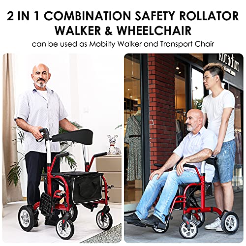Healconnex 2 In 1 Rollator Walker For Seniors-Medical Walker With Seat,Folding Transport Wheelchair Rollator With 10" Big Pneumatic Rear Wheels,Reversible Soft Backrest And Detachable Footrests #TOP1