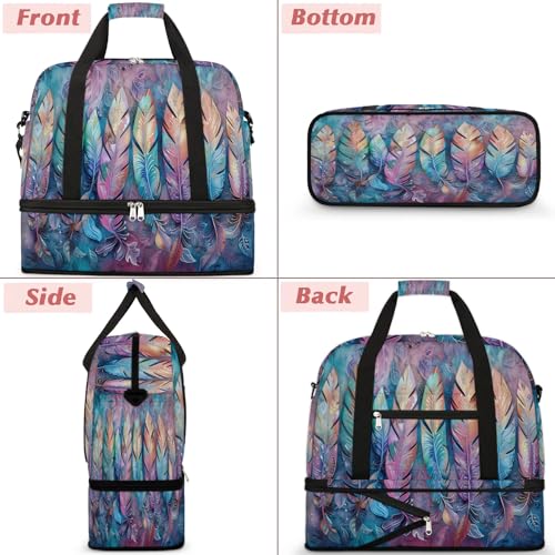 Travel Duffel Bag with Shoe Compartment, Colorful Feathers Shoulder Weekender Bags for Women, Foldable Waterproof Travel Bag Carry on Bag3