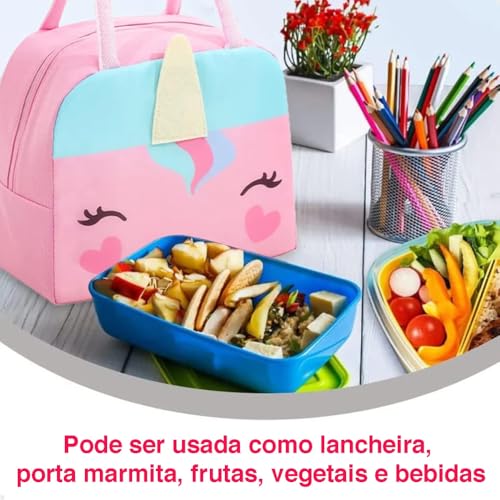 Lancheira Térmica Infantil 3D com Alça, Estampa de Animais Fofos, para Marmita Escolar (Unicornio)