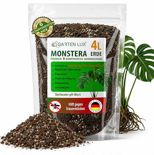 Garten Lux Monstera Terra 4L sin turba - 6-en-1 contra los mosquitos de duelo | sustrato aroid | tierra de coco, perlita, corteza de pino, biohumus, carbón de jardín + complejo secreto | drenante