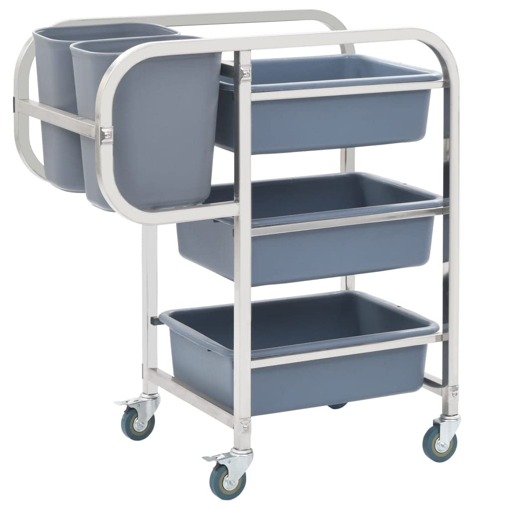 vidaXL Carrello da Cucina con Contenitori Plastica con 4 Ruote Basculanti con Freno Servizio Porta Posate 82x43,5x93 cm Acciaio Inossidabile e TPR