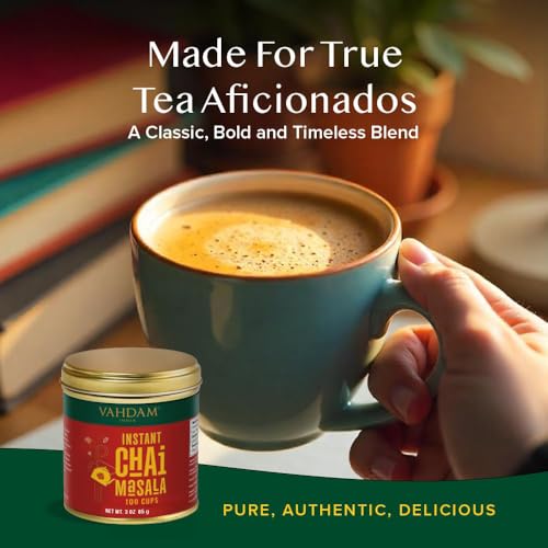Image of VAHDAM Instant Chai Tea (3oz /85g) - Traditional Masala Chai | Makes 100 Cups | Natural Spices, Zero Calories | Instant Indian Tea - No Steeping | Unsweetened Tea Powder | Free Bamboo Spoon Inside