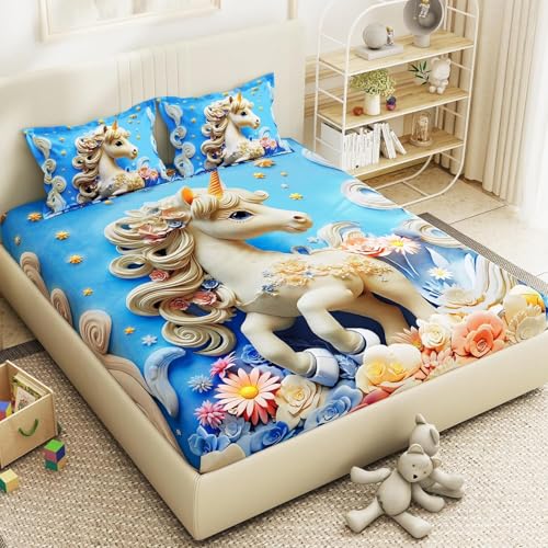 Image of Filymore 7D Bedsheet for Kids Cute Print Super King Size Bedsheet Set for Double Bed with 2 Pillow Covers 300 TC Microfiber Wrinkle Free Size (108x108 Inches)(SkyBlue and White)