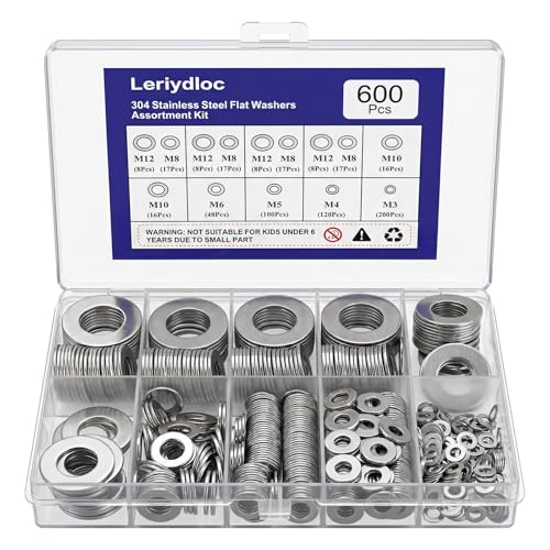 600 PCS Flat Washers for Screws and Bolts, 304 Stainless Steel Flat Washers Assortment Kit, 7 Sizes (M3 M4 M5 M6 M8 M10 M12) for Industrial and Home Use