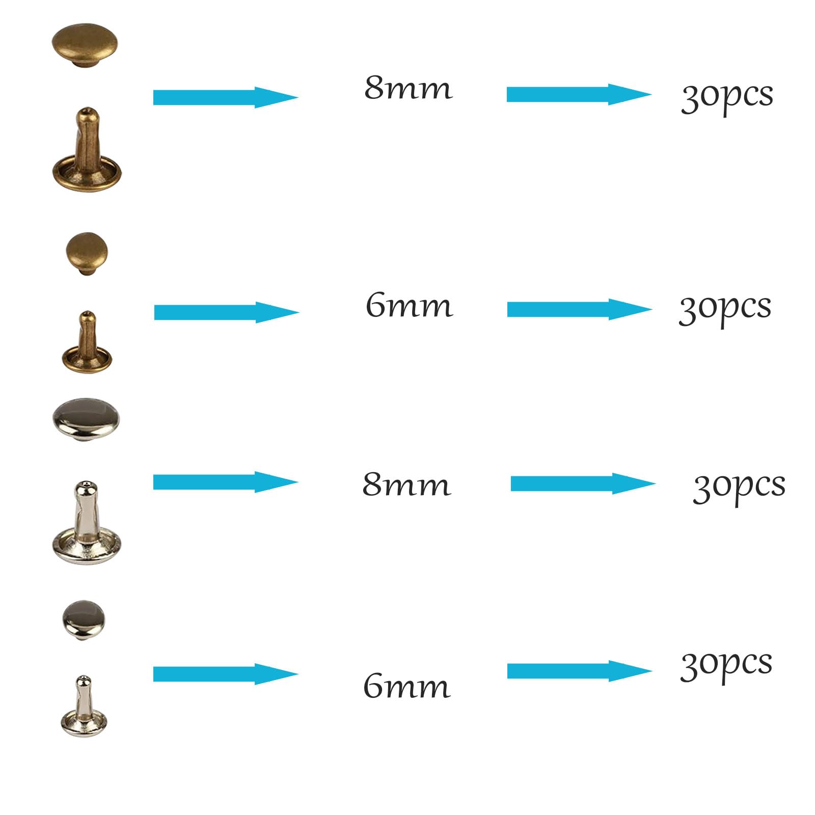 Fayvosiue 120 Sets 2 Sizes Leather Rivets Double Cap Rivet Kit with 3pcs Setting Tool for Leather Craft Repairs Decoration - Image 4