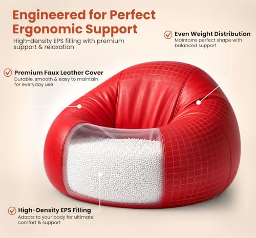 Image of Sattva Classic 2XL Bean Bag Chair with Beans Filled | Faux Leather Sofa Style Bin Bags Chair with Beans Filling | Comfort Beam Bag Sofa for Adults & Teens, Living Room & Office - Red