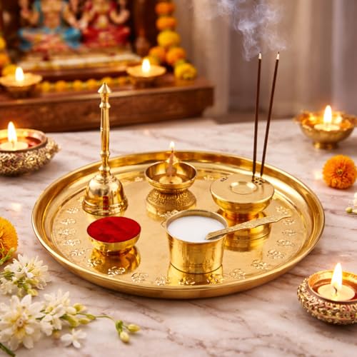 Image of Mkd2 Rise Pure Brass Pooja Thali Set I Puja Thali Set for Festival, Home, Temple, Mandir, Diwali Gift (10 Inches, Set of 7 Pieces)