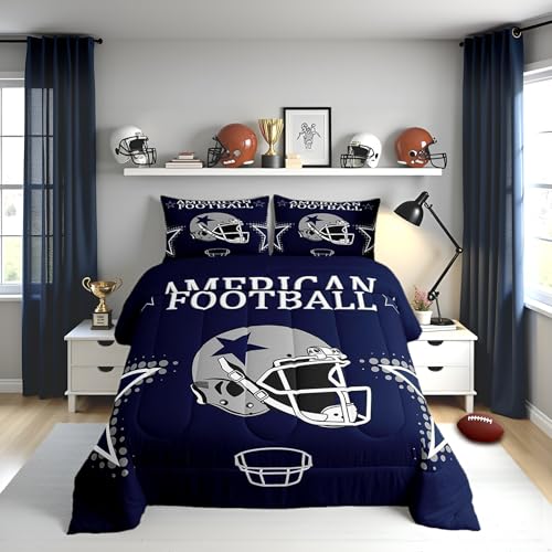 American Football Comforter Set Queen Size Rugby Helmets Bedding Set 3pcs for Kids Boys Teens Men Bedroom Decor Ball Sports Gaming Quilted Duvet Modern Grey Stars Print Duvet Insert,Navy Blue