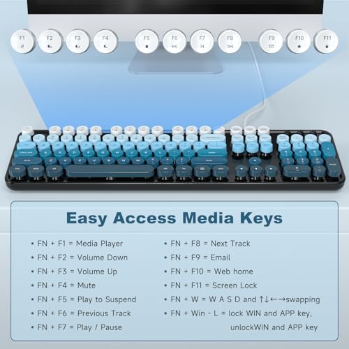 Image of Atelus Wired USB Computer Keyboard, Full-Size Retro Typewriter Keyboard with Numeric Keypad, Plug & Play for Windows PC Laptop Home Office (Black Blue)