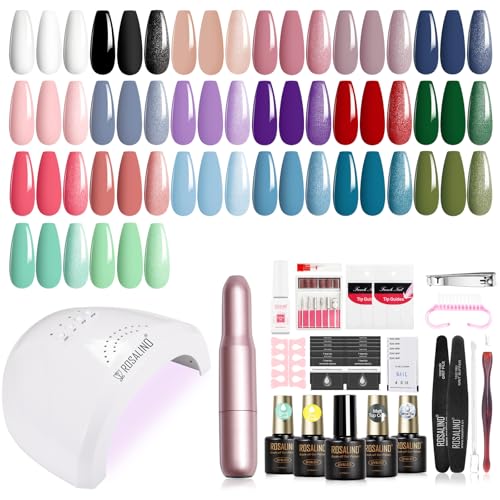 ROSALIND Kit Vernis Semi Permanent Complet, 20+4 PCS Vernis Gel avec 48W UV/LED Lampe Ponceuse à Ongles Électrique, Kit Ongle Gel UV Complet Cadeau Blanc Noir Violet...