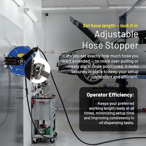 Image of Goodyear Oil Hose Reel Retractable 1 /2 inch Inch x 50' Foot Long Premium Commercial SAE 100R1AT Hose Max 2320 Psi Steel Construction Elite Heavy Duty Industrial Spring Driven Dual Arm and Pedestal