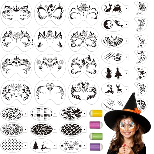 EAPIKON 36 Pochoir Maquillage Visage Enfant et 4 Tampons Doigts, Pochoirs de Peinture Faciale Réutilisables pour Halloween Anniversaire Carnaval Cosplay, Tatouage...