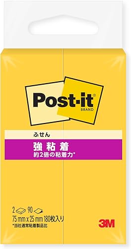 3M 500SS-YN Post-it Strong Adhesive Sticky Notes, Yellow, 3.0 x 1.0 inches (75 x 25 mm), 90 Sheets x 2 Pads