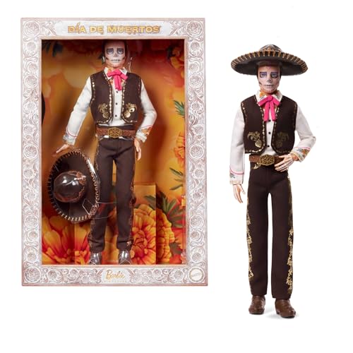 Barbie Signature, Día de Muertos 2025, muñeco Ken Coleccionable con Camisa Color Crema, Chaleco Negro y Pantalones, Sombrero y Maquillaje de Calavera, JBJ06