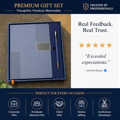 Image of Teak Wood Customized Diary and Pen With Name - 2 in 1 Corporate Gifts Ideas | Perfect Corporate Gifts for Employees & Clients | Premium CorporateGifts for Any Occasion (Blue)