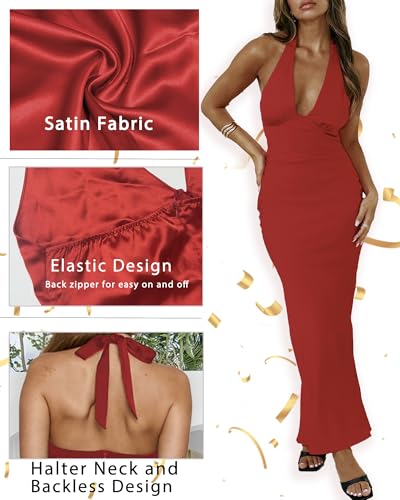 Image of Women's Satin Dresses Summer Bodycon Sexy Halter V Neck Backless Elegant Formal Prom Cocktail Wedding Guest Maxi Dress