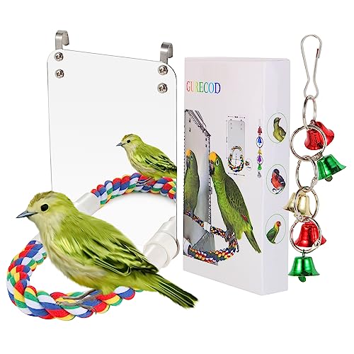 GURECOD Espejo para pájaros con Percha de Cuerda Espejo para Jaula de Loro Juguete para pájaros Columpio Juguete para Jaula de Loro Loro Cotorra Canario Pájaro del Amor Canario (18x13cm, Gris)