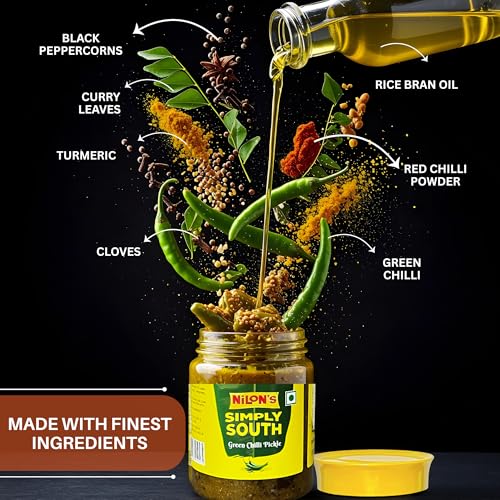Image of Nilon's Simply South Green Chilli Pickle (475g) Homemade Hari Mirch Ka Aachar | Spicy Pickle in Authentic South Indian Style with Green Chilli, Rice Bran Oil & Spices with No Added Artificial Colour