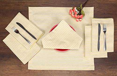 Native Fab Set of 12 Farmhouse Stripe Cloth Dinner Napkins Cotton 18x18 Absorbent Soft Restaurant Hotel Quality, Everyday Use Easy Care Washable Wedding Dinner Napkins Yellow Beige