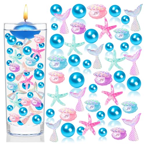 HTZNHXT 120 Pcs Mermaid Vase Filler, Summer Beach Shells Fish Tail Stelleroid Multicolor Pearl Bead for Table Centerpiece Room Home Decor
