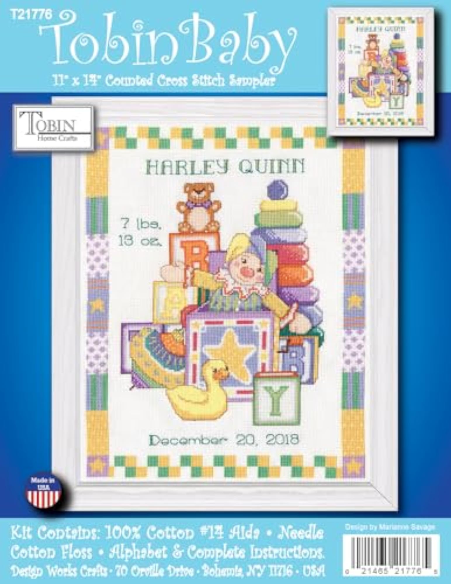 Tobin Counted Cross Stitch Kit, 11" x 14" - Toys Sampler Birth Record