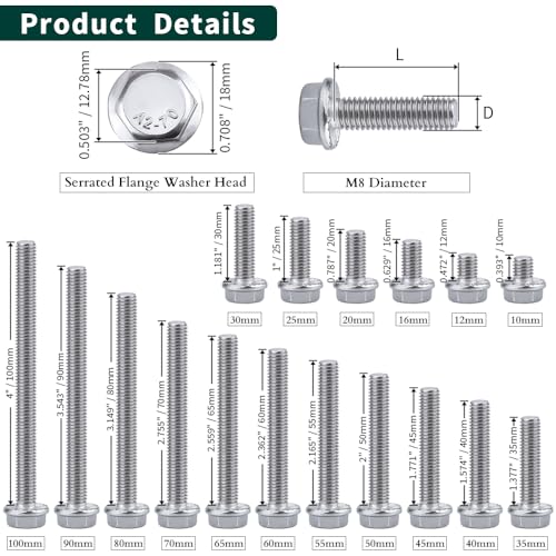 Image of M8-1.25 x 25mm Hex Flange Bolt (1 inch Thread Length), DIN6921, Serrated Locking Flange, 304 Stainless Steel, UNC Full Thread, 15-Pack