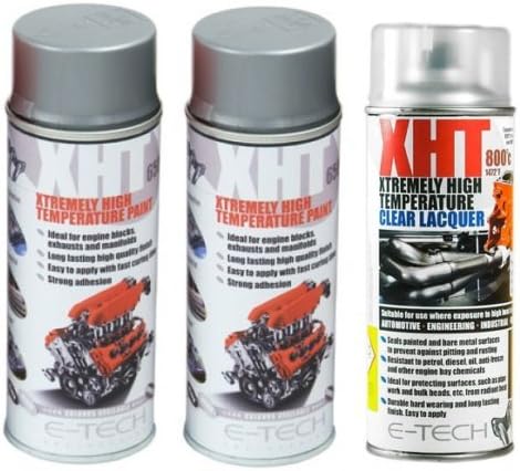 E-Tech 400ml XHT VHT Very High Temperature Paint 2 x SILVER 1 XHT Clear Lacquer for Car Engine Block Exhaust Metal Surface