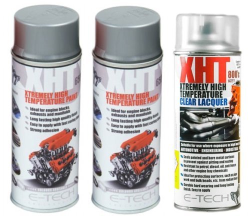 E-Tech 400ml XHT VHT Very High Temperature Paint 2 x SILVER 1 XHT Clear Lacquer for Car Engine Block Exhaust Metal Surface