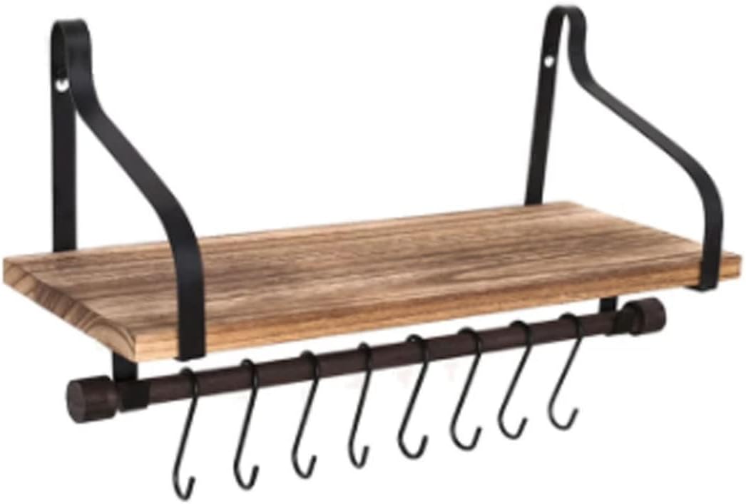 Storage Holders Wall-Mounted Rustic Wooden Storage Shelf Bathroom and Kitchen Decorative Rack with 8 Removable Hooks and Towel Rail