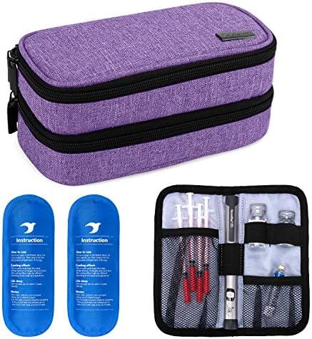 Yarwo Insulin Cooler Travel Case, Double-Layer Diabetic Travel Case with 2 Ice Packs, Diabetic Supplies Organizer for Insulin Pens, Blood Glucose Monitors or Other Diabetes Care Accessories, Purple