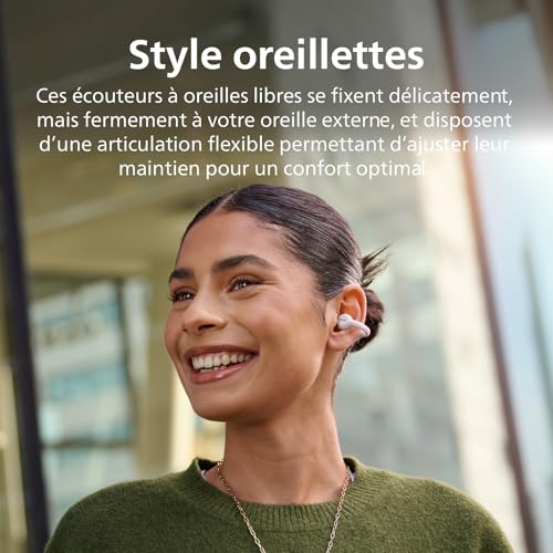 Philips TAQ2000WT écouteurs True Wireless Style oreillette, Conception Open Ear - multipoint Bluetooth, autonomie 28 Heures, boîtier de Charge en Format de Poche, appels clairs - Blanc