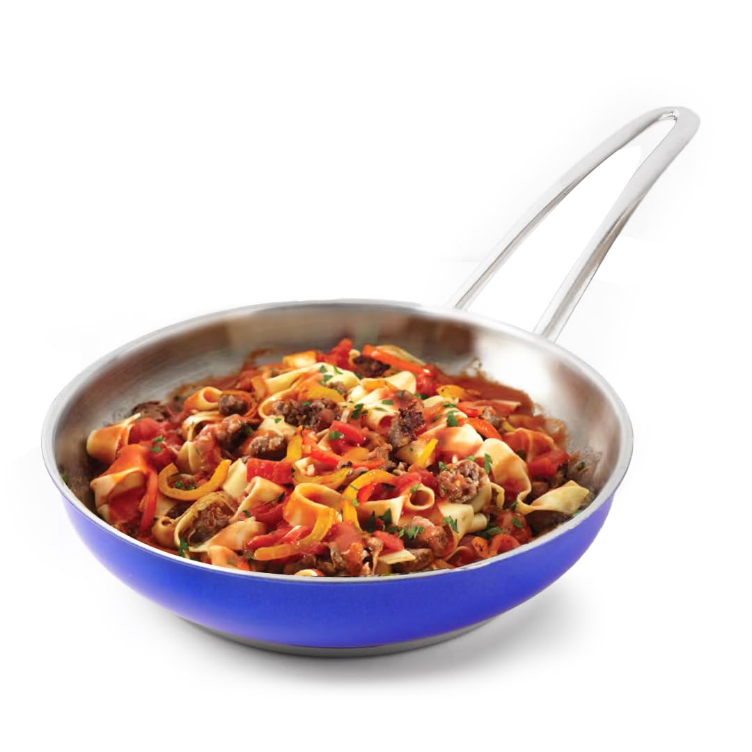 The Indus Valley Coloured Stainless Steel Fry Pan | Blue, Small 22.7cm/8.9 inch, 1.5Ltr, 0.7kg | Induction Friendly | 3-Layer Thick Bottom, 100% Toxin-Free, Naturally Nonstick