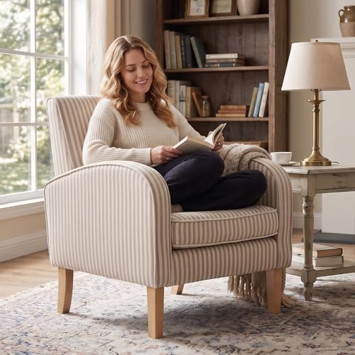 Image of Farmhouse Striped Accent Chair for Living Room Set of 1, Linen Fabric Modern Comfy Armchairs with Cushion, Upholstered Striped Reading Chairs for Bedroom Couch Chair with Wood Legs, Khaki