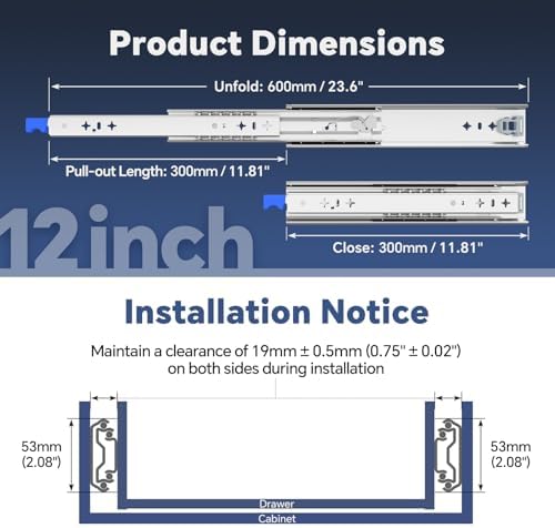 ToBeGreat Removable Heavy Duty Drawer Slide with Lock 12 Inch 260 Lb Capacity Full Extension Side Mount Ball Bearing Rail Glides for Caravans Tool Cabinets 250lbs(300mm)