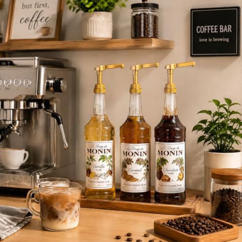 Image of Tanlade 3 Pcs Coffee Syrup Pump Compatible with DaVinci (64oz) and Ghirardelli (87-90oz) Bottles, Sauce Pump Dispenser Chocolate and Caramel Sauce Bottles Gold