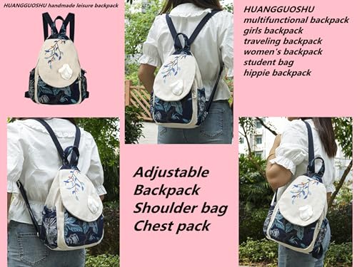 Image of Small Canvas Backpack, Retro Boho Washed Hippie for Women Daily Commute (Rabbit Decorations)