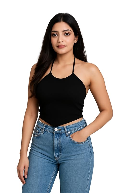 bilori Women's Halter Neck Crop Top Sleeveless Slim Fit Stretchable Tank | Stylish Front Cut, Open Back & Sleek Side Profile | Casual, Party, Daily & Club Wear with Jeans, Skirts, Shorts & Layering-picture-20